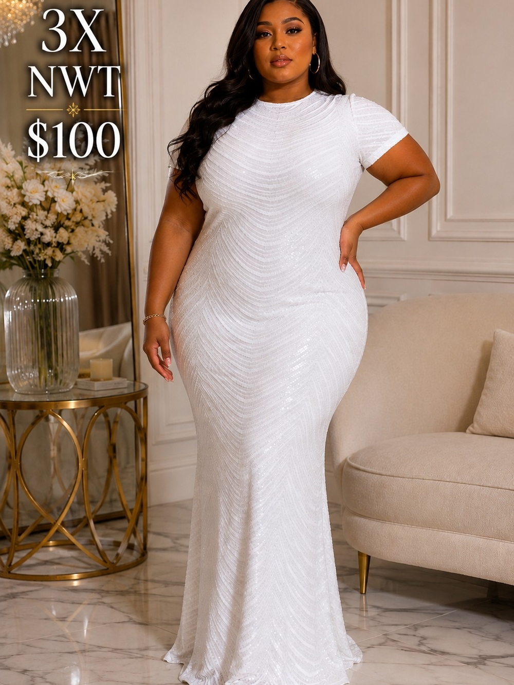 Fashion Nova White Sequin Maxi Dress - 3X